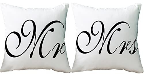 Ramirar Set mit 2 schwarzen Worten Kunst Mr Mrs Liebhaber Valentinstag dekorativ weich weiß Polyester Samt Wurfkissenbezug Kissen Zuhause Wohnzimmer Bett Sofa Auto quadratisch 45,7 x 45,7 cm