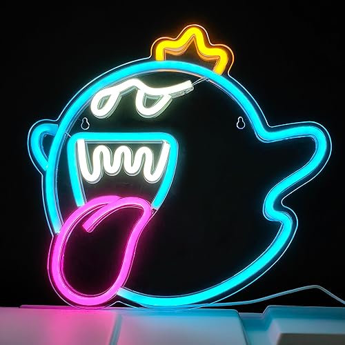 JOSEBRU King Boo The Ghost Face LED Neon Light Mario Lamp Acrylic Sign for Game Room Decor Gaming Light Accessory Gifts for Boy Room Decor (Ice Blue)