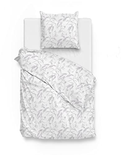 Zo!Home Mako-Satin Bettwäsche 155x220 Fiori di Satinado White Blätter Silber