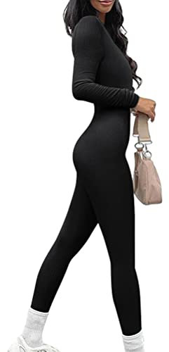 ORANDESIGNE A Damen Yoga Schwarz Jumpsuits Gerippter Gestrickter Quadratischer Kragen Schlanker Sexy Stretch Overall Langarm Sport Workout Figurbetontem Einteiliger Anzug XS