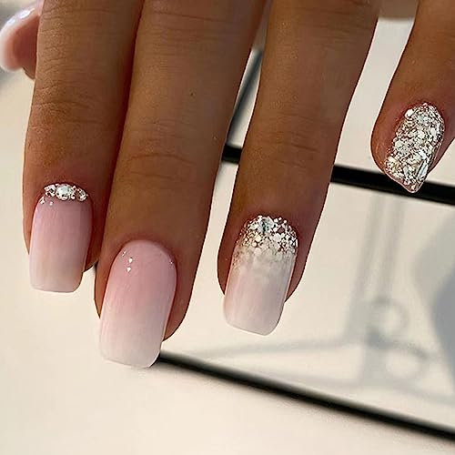 24 Stück Nägel Zum Aufkleben Kurz, Französische Press on Nail Rosa Gradient Falsche Nägel, Ballarina Glossy Fake Nails Acryl Künstliche Nägel für Frauen und Mädchen