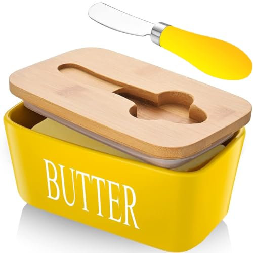 Mantequillera de Porcelana con Cuchillo y Tapa de Madera Mantequera de Cerámica Recipiente para Mantequilla Recipiente Hermética para Todo Tipo de Mantequilla (Amarillo)