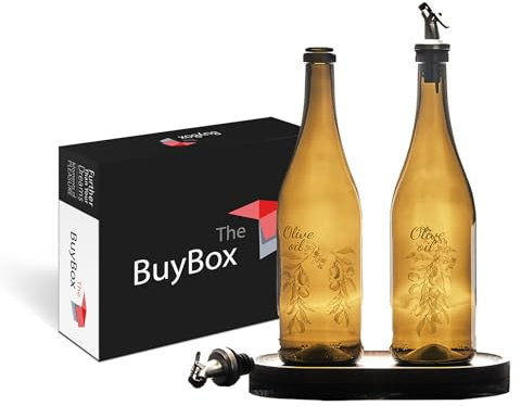 Juego de 2 Botellas para Aceite de Oliva con Boquilla 750ml/25oz, Dispensadores de Aceite de Oliva y Vinagre, Dispensador de Aceite de Oliva de Vidrio con Bandeja de Madera, Aceitera Cristal