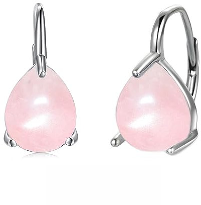 POPLYKE Teardrop Rose Quartz Leverback Ohrringe für Damen 925 Sterling Silber Rosa Kristall Ohrringe Oktober Birthstone