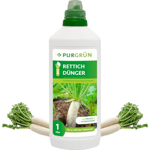 Purgrün® Bio-Rettich-Dünger | Organische Rezeptur | Premium-Flüssigdünger | NPK 4+1+7 | Mit Algenextrakt & Vinasse | Extra Kalium für aromatischen Geschmack | Ohne tierische Inhaltsstoffe | 1 Liter