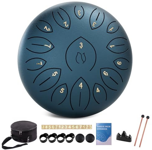 Stahlzungentrommel 12 Zoll 15 Töne, Stahltrommeln für Kinder und Erwachsene, Handpan-Trommel mit Notenbuch, Trommelschlägeln und Tragetasche, Handpan C-Dur, Dunkelblau