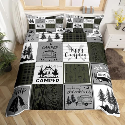 Homewish Camper Bettwäsche Set für Etagenbetten,Happy Camping 155x220 Bettbezug für Reiseanhänger Rustikales Bauernhaus Büffelkaro Bettbezug Rv Zubehör für Innen,Abenteuer Camper Bettbezug