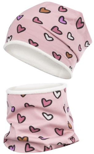 Smarilla Wintermütze + Schlauchschal Mädchen Winterset Beanie Snood, Bekleidungsgröße: 50-52, Farbe: Rosa-Herz