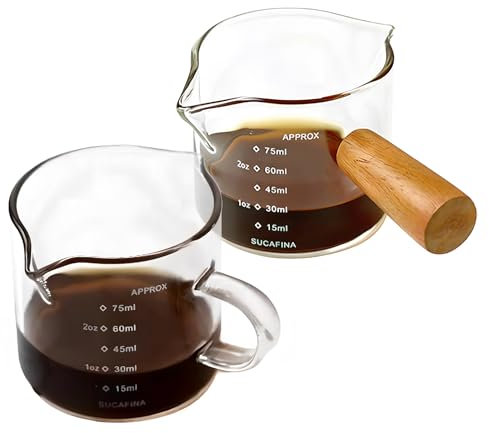 KUAOOAUK 2 tazas de espresso con mango, vasos de espresso de 2,5 oz con escala y doble caño, taza medidora de cristal reutilizable con boca en forma de V para café, leche, zumo líquido