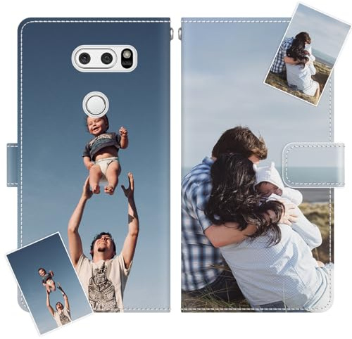 JGOYGYI Personalisierte Leder Handyhülle kompatibel mit LG V30/LG V30 Plus/LG V30S,Individuelle Eigenem Foto Bild Text Bildern Foldable Flip Klapphüllen Case hülle+Handykette