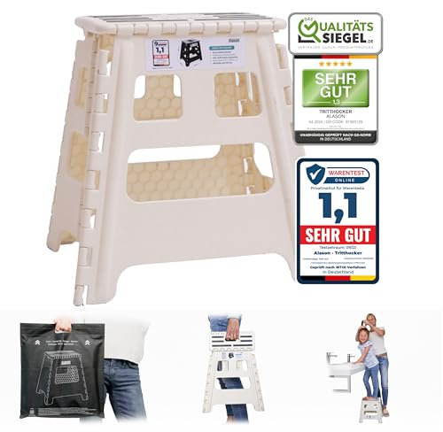 VERGLEICHSSIEGER - Alason® Tritthocker Klappbar 32 cm, Belastbar bis 165 kg – Mit Aufhängehaken & Aufbewahrungstasche – Platzsparender, Faltbarer Hocker in Weiß/Beige für Zuhause, Küche, Bad & Garage