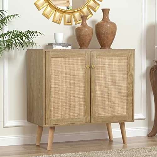 Yvsevnr Küchenschränke, Küchenschrank mit Arbeitsplatte, Sideboard mit Rattan Türen, Verstellbare Ablagen, Landhausstil, für Küche, Wohnzimmer, Flur und Esszimmer 80 x 35 x 79 cm