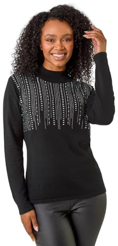 Roman Originals Diamante Sequin Jumper for Women UK Ladies Sparkly Glitter Sweater Embellished Smart Casual Autumn Winter Long Sleeve Round Neck Knitwear Knitted Pullover - Petite Noir - Size 16