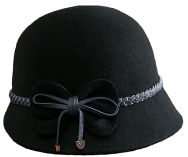 OLSKFUH Lady Winter Fascinator Unregelmäßiger Filz Fischerhut Glockenhüte Frau Party Formaler Fedora Hut Wolle Mutterhut,Black-55-58cm