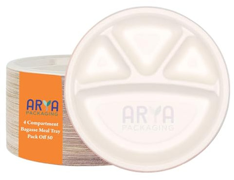 Arya PACKAGING Disposable Plates 11” inch 4 Compartment Round Plates, Sugarcane Bagasse Paper Trays, Perfect for Parties Picnics Family Dinners and Celebration Portion Control Plates. (Pack of 50)