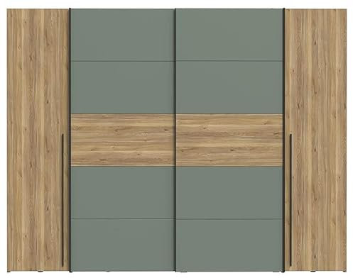 AVANTI TRENDSTORE - Fahda - Kleiderschrank aus laminiertem Holz in der Farbe Eiche / Salbei mit Drehtüren und Schiebetüren, innen mit Kleiderstange und Einlegeböden. Maße LAP: 270,3 x 210 x 61,2 cm