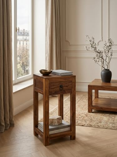 Telefontisch NAKO Sheesham Massivholz 30x30x68 cm Schublade Braun