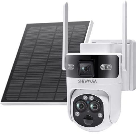 SHIWOJIA Camera 4G Solaire Exterieur, Appareil Photo à 3 Objectifs, 4G Caméra avec Zoom Hybride 15X, 360° PTZ, Audio Bidirectionnel, PIR Détection, Vision Nocturne Couleur, IP66