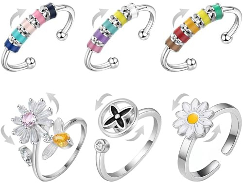 Ångest-fidget-spin-stämningsringar – 6-pack anti-stressring-set, justerbar smyckesseri, roterande bi – Daisy-klöver-pärlemor-ångestlindrande ringar, presenter till kvinnor och män