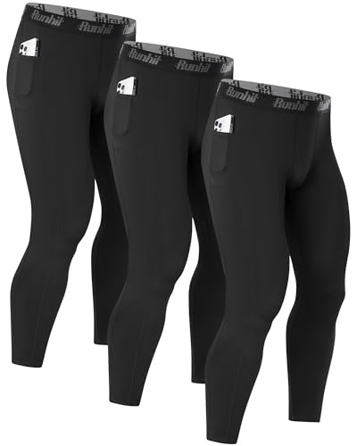 Runhit 1/3er Pack Kompressionshose Herren Lange mit Taschen, Tights Sport Leggings Schnelltrocknende Trainingshose Sporthose Laufhose Atmungsaktiv Funktionsunterhose für Fitness Joggen Training Gym