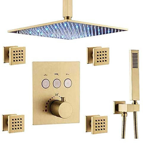 LIUWOPA Brass Brushed Gold Ceiling Mount 10-12 Inch LED Rain Shower Head System with Body Sprays and Handheld Thermostatic Luxury Shower Set,10 Inch