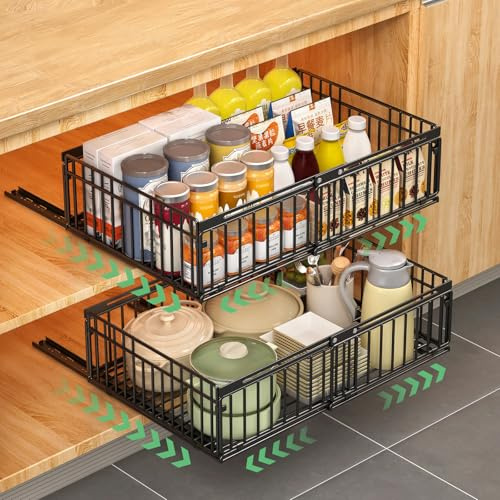 KUOGAS 2 Stück Teleskopschublade, Ausziehbare Schublade KüChe,KüChenschrank Organizer für KüChenschräNke, Schubladen Organizer,Kein Bohren und Nageln Erforderlich KüChenschublade (Schwarz (2 Stück))