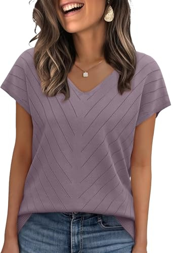 WIHOLL Pullover Damen Kurzarm Sommer Elegant T Shirt Leicht V-Ausschnitt Stretch Oberteile Basic Strickpullover Tops