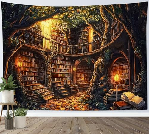 LB Wandteppich Vintage Bibliothek Wandtuch Braune Bücher auf Baum Bücherregal Wandbehang Wand Deko für Wohnzimmer Schlafzimmer Wohnheim,150x100cm