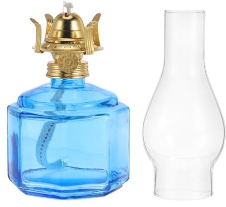 FIXOSHEE Rustikale Öllampe aus Dickwandigem Glas mit Verstellbarem Docht Windgeschützte Vintage Petroleumlampe für Innen und Außenbeleuchtung Blaue Sturmlaterne für Notlicht und Dekoration