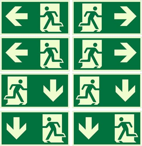 8 Stück Notausgangsschild Nachleuchtend 300X150mm Selbstklebend Schild Notausgang mit Pfeilen Nach Unten Links und Rechts für Hotels Schulen Kinos