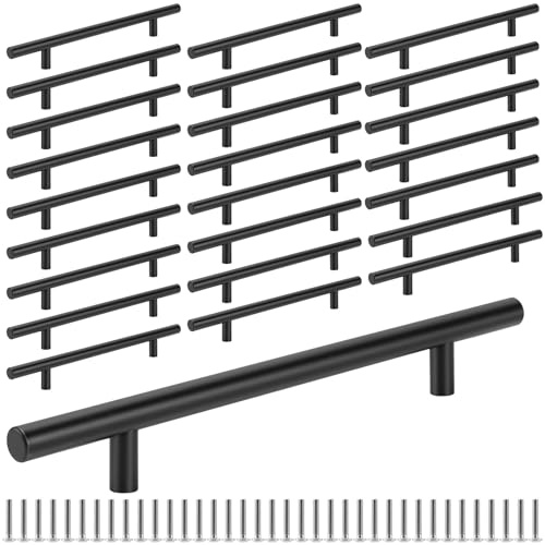 CHEUNGR 25 Pack Black Kitchen Door Handles 160mm Hole Centres, Stainless Steel Cupboard Cabinet Door Handle, T Bar Drawer Handles for Kitchen Dresser Wardrobe Bathroom