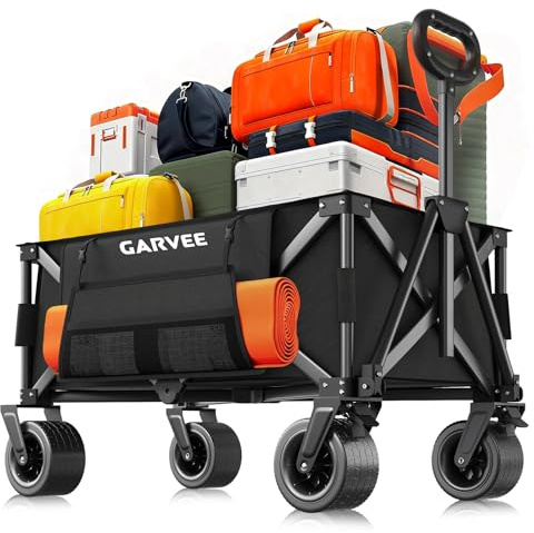 Bollerwagen faltbar 200L mit Seitentaschen & Getränkehalter, klappbarer Handwagen bis 200KG belastbar, wasserabweisender Strandwagen mit 360° Rädern für Gelände, Camping, Picknick & Einkauf Schwarz