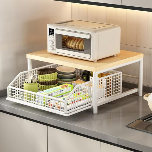ZXDFG Chariot De Rangement Fixe Pour Micro-Ondes Et Machine À Café - Étagère De Cuisine Compacte Avec Tiroir Et Panier, Support Stable En Métal Et MDF Pour Bureau, Salon, Cuisine(White)