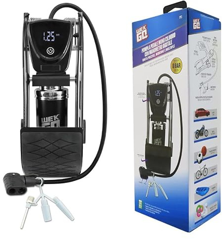 WEKGO Pompa a Pedale Auto/Bici con Manometro Digitale Precisione | Gonfiatore Universale 8 BAR / 120 PSI per Pneumatici, Palloni, Gonfiabili | Valvole Presta/Schrader, Tubo Lungo 58cm