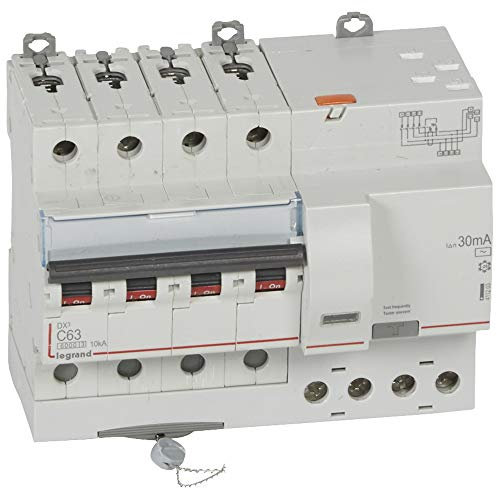 Legrand 411203 Disjoncteur différentiel monobloc DX³6000 10kA arrivée haute vis départ haut automatique, 4P, 400V, 63A typeAC, 30mA