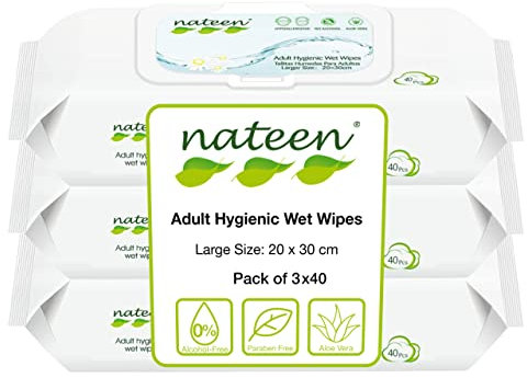 Tendercare Nateen - Wet Wipes - 3 Pack of 40 Wipes - Adult Hygienic Wet Wipes - Thick Soft Wipes - Purified Water & Aloe Vera - Hypoallergenic & Alcohol Free - Non-Flushable