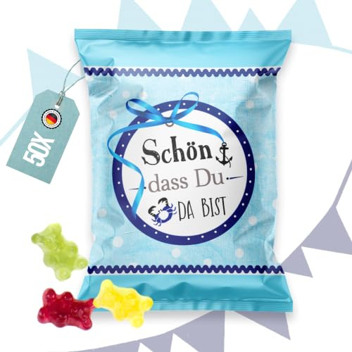 Logbuch-Verlag 50 mini Gummibärchen Tüten Gastgeschenke Schön, dass du da bist blau für Hochzeit, Geburtstag & Taufe
