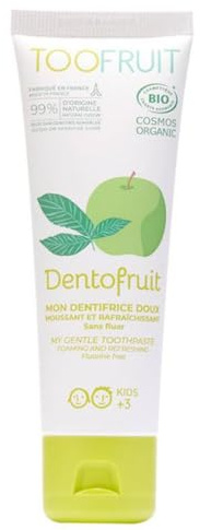 TOOFRUIT Fruchtige Zahncreme Apfel-Minze– Natürliche Kariesprophylaxe ohne Fluorid für Kinder, Dermatologisch getestet, Natürliche Inhaltsstoffe, Sanft zur Kinderhaut, Vegan & Made in France 60 g
