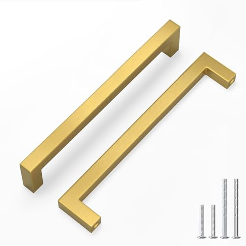LONTAN 15 Pack Gold Kitchen Door Handles 192mm Square Brushed Brass Cupboard Handles Wardobe Bathroom Kitchen Cupboard Door Pulls Stainless Steel