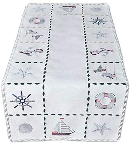 Raebel Tischdecke Tischläufer Mitteldecke Maritime Stickerei, wollweiß mit bunter Stickerei 40 x 90 cm/Aufmachung 1 Stück