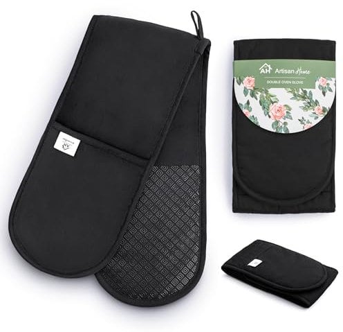 Black Double Oven Gloves Potholders | Maximum Heat Resistant Protection | Double Oven Mitt Potholder With Silicone Non-slip Design | Machine Washable Thick Oven Glove Potholders Home & Kitchen