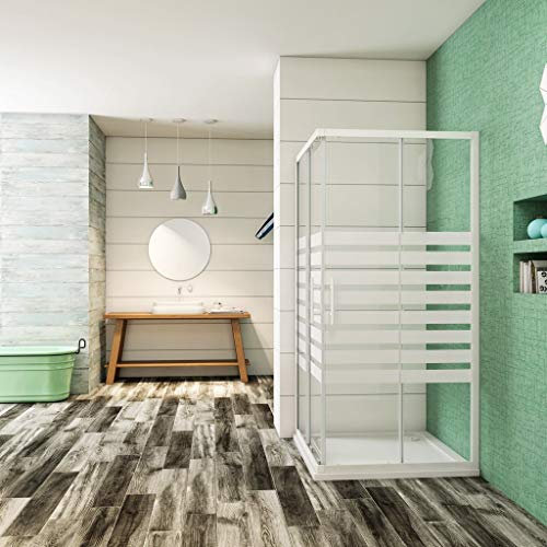 190 cm Box Doccia Angolare Porte Scorrevoli Vetro Temperato 5 mm Trasparente 90x90 cm Fascie Centrale in Serigrafato Bianco Telaio in Verniciato Bianco Opcao