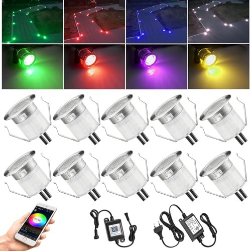 10er RGB Led Bodeneinbauleuchten Aussen Bluetooth , Ø30mm 12V Led Bodeneinbaustrahler Dimmbar, 0.5W IP67 Wasserdicht Einbaustrahler Außen Terassenbeleuchtung Bodenspots für Terrasse Garten Küche
