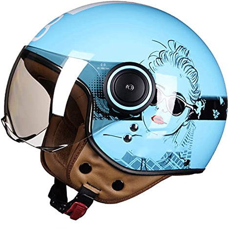 Jethelm Erwachsener Motorradhelm Scooter Moped Mofa Helm Rollerhelm Retro Vintage Pilot Biker Helmet Mit Visier Jethelm Herren Damen DOT/ECE Genehmigt,Blau,M