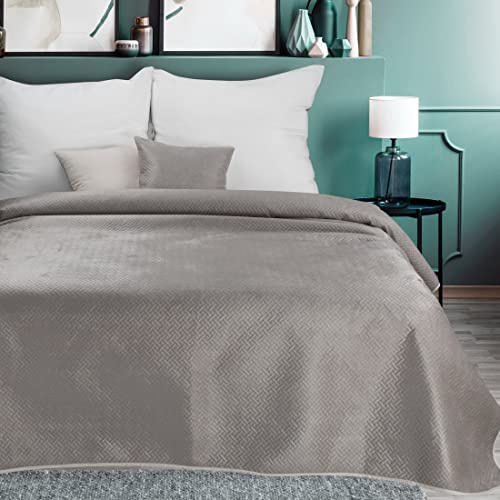 Eurofirany Luiz,3 Tagesdecke, doppelseitig, aus Samt und Satin, Sofadecke, flauschig, gesteppt, Steppkaro, Beige 5, 170 x 210 cm