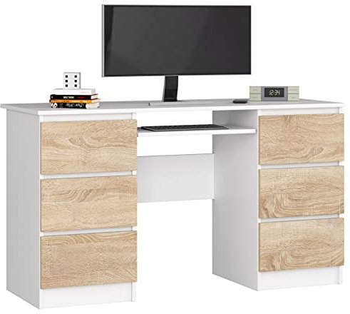Schreibtisch Klein mit Schubladen | Office Desk | Computertisch | Bürotisch mit Tastaturablage | Holz Deko | B135 x H77 x T50 cm, 60 kg