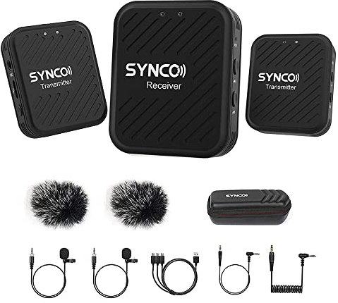 SYNCO Sistema Microfonico Wireless G1(A2) 2.4G con 1 Ricevitore, 2 Trasmettitori e 2 Microfoni Lavalier 50 m di Raggio di Trasmissione Spina da 3,5 mm per Smartphone Fotocamera