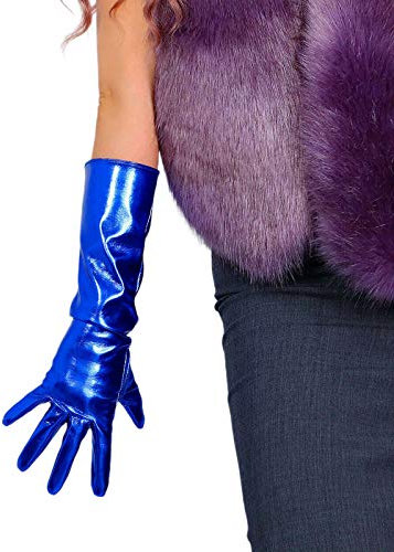 DooWay Damen-Handschuhe aus glänzendem Leder, Ellenbogen-Länge, 40 cm, Metallic-Blau, Kunstleder, Wet-Look, Metallic-Blau, 40 cm, 85