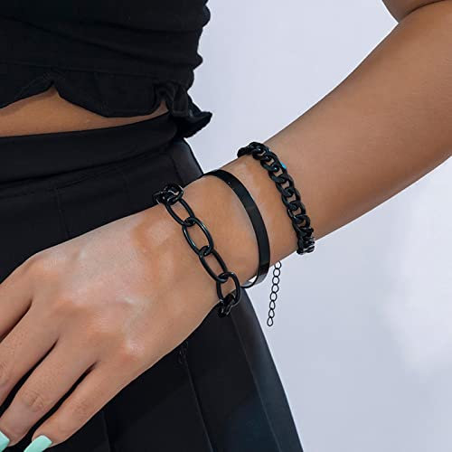 PAIHUIART Bracelets Bracelet Jewellery Armband Women Damen 3 Teile/Satz Schwarz Punk Hip Hop Armbänder Dicke Chunky Gliederkette Armreifen Einstellbar Für Frauen Männer Schmuck