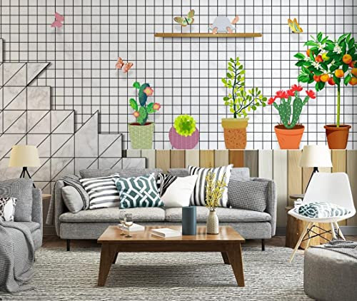 Papier Peint Panoramique Plantes Vertes À Carreaux Noir Et Blanc Papier Peint Intissé 3D Murale Tableaux Muraux Tapisserie Salon Chambre